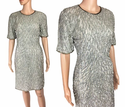 Vintage Scala Silver Beaded Sequined SILK Party Cocktail Evening Dress S-M - Image 1 of 4