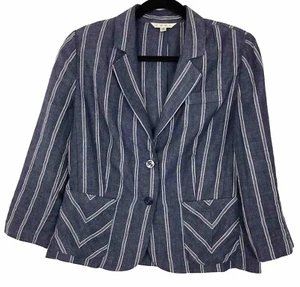 CAbi Blazer Women’s Sz 8 100% Linen Blue White Striped Nautical 3/4 Sleeve - Picture 1 of 9