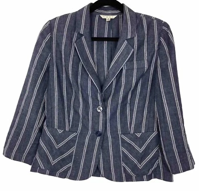 CAbi Blazer Women’s Sz 8 100% Linen Blue White Striped Nautical 3/4 Sleeve - Image 1 of 4
