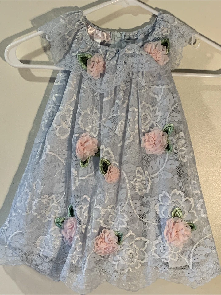 Vestido de Fiesta Floral de Encaje Azul y Gasa Rosa Colección Biscotti para Niña 18M Foto 1 de 4