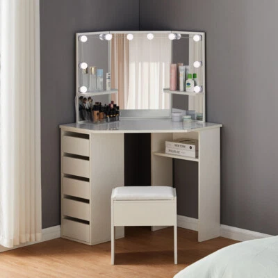 Corner Dressing Table Set Makeup Desk LED Light Drawers Mirror Stool Dresser - Image 1 of 4