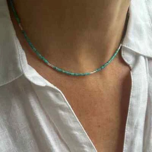 2mm Genuine Blue Kingman Heishi Turquoise & Silver Gemstone Beaded Necklace - Picture 1 of 12