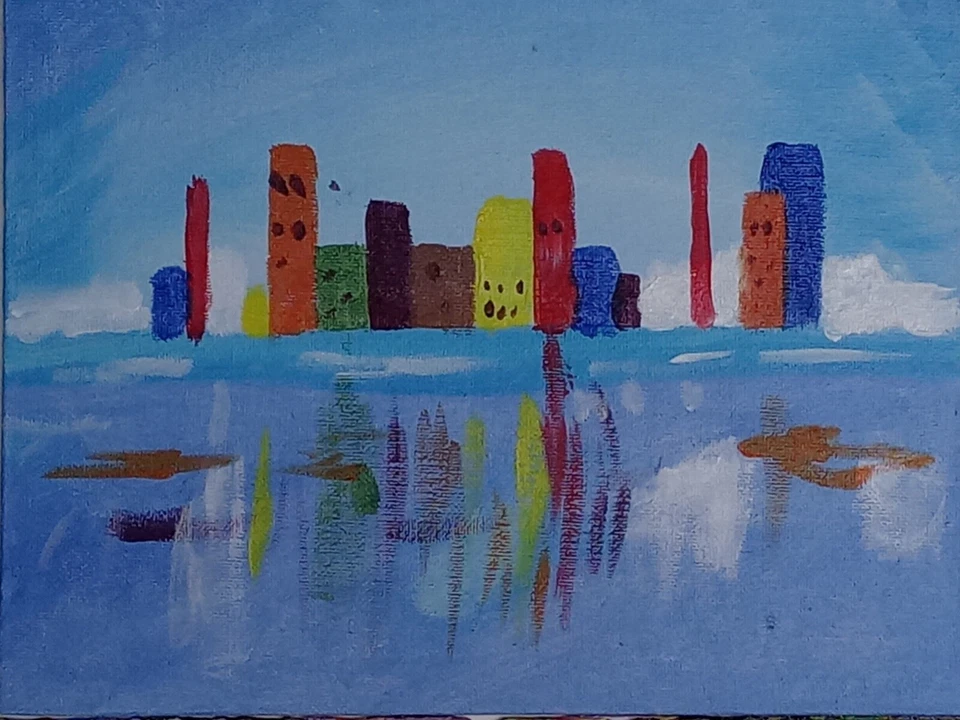 Colorful city scape,  abstract original 12x10 acrylic painting canvas board, - Image 1 of 1