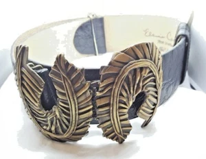 ELAINE COYNE DESIGNER SCHWARZ LEDER & MESSINGBLATT SIGNIERT 1990 S/M KUNST GÜRTELSCHNALLE - Bild 1 von 5