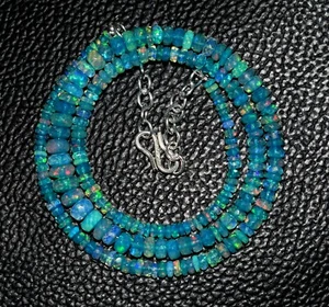 16"Natural Ethiopian Blue Faceted Opal Gemstone Beads Necklace 925 Silver F0135 - Picture 1 of 5