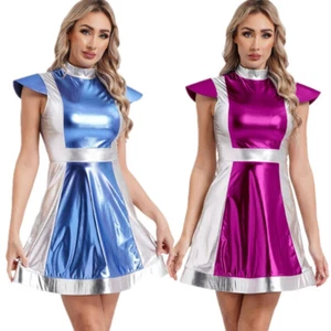 Damen Space Girls Kleid Metallic Minikleid Spacewoman Halloween Karneval Kostüme - Bild 1 von 33