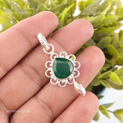 Argento Sterling Verde Onice Gemma Etnico Artisan Nero Friday Ciondolo Gioielli - Immagine 1 di 4