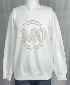 MICHAEL Michael Kors Sweatshirt Med White Studded Long Sleeve Logo Crew Neck New - Picture 1 of 2
