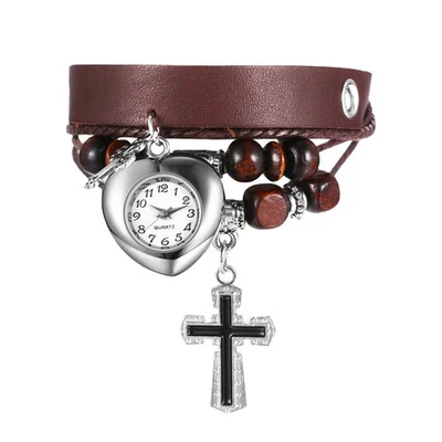 Womens Multi-layer Cross Pendant Wooden Beaded PU leather Bracelect Wrist Watch - Image 1 of 4