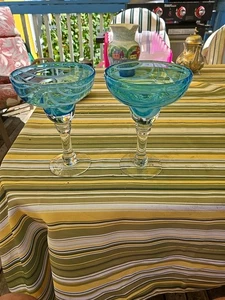 Set Of Two Large, Mexican, Hand-Blown, Blue, Margarita Glasses. - Picture 1 of 4