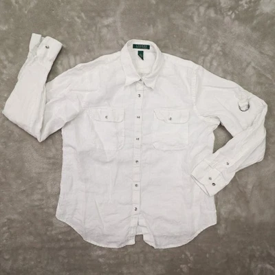 Lauren Ralph Lauren White Linen Roll Tab Button Up Shirt Women's Large Beach - Image 1 of 4