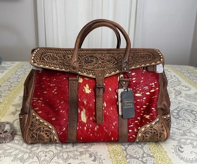 Large Tooled Leather Western Duffle Bag Red Metallic Cowhide ADBG516D NWT - Image 1 of 4