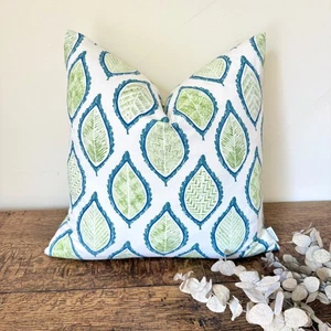 1712. Ava Lagoon Blue Leaves , Handmade 100% cotton cushion cover, Various sizes - Picture 1 of 7
