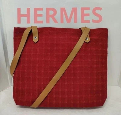 Bolso Bandolera HERMES Amedaba Cabas de Poche Algodón Cuero Rojo x Marrón Foto 1 de 4