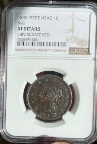 1839 BRAIDED HAIR LARGE CENT PETITE HEAD NGC  XF Details     Freshly Graded Cover