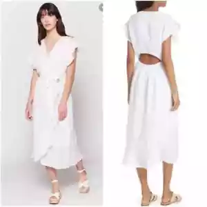 JOIE Filma Size Medium Linen Wrap Midi Dress Porcelain White Back Cutout Lined - Picture 1 of 8