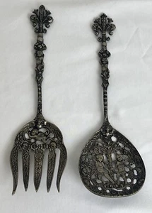 Vintage Ornate Decorative Cherub Metal Serving Fork & Spoon Salad Set 2 Italy - Picture 1 of 15
