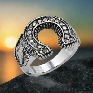 Oxidized Sterling Silver CZ Lucky Horseshoe Ring for Men - Picture 1 of 6