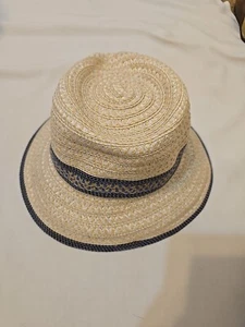 Eric Javits Womens Hat Beige Blue Squishee Straw Fedora Sunhat Packable UPF 50+ - Picture 1 of 11
