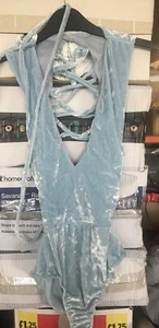 Fab Blue Crushed Velvet Strappy V-Neck Leotard Body Suit ~ Size 10 ~ NEW! - Picture 1 of 6