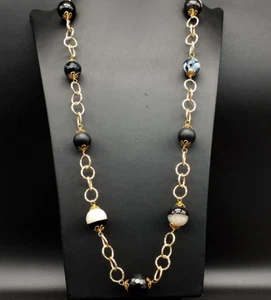 Collar Mujer Cadena Largo Aluminio Imitación Oro Ágata Negro Ónix Elegante Luz - Imagen 1 de 13