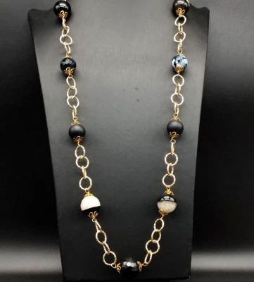 Collar Mujer Cadena Largo Aluminio Imitación Oro Ágata Negro Ónix Elegante Luz - Imagen 1 de 4