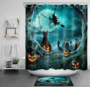 Pumpkin Witch Cemetery Black Cat Halloween Shower Curtain Set for Bathroom Decor - Picture 1 of 18