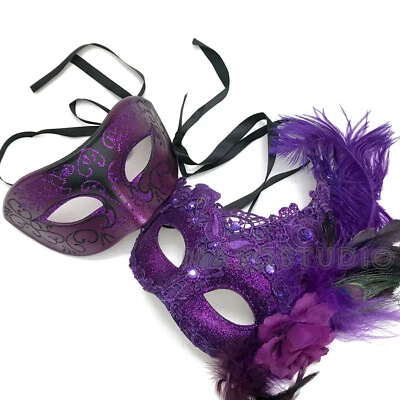Purple Lace Masquerade Ball Feather Mask Pair Cosplay Costume Mardi Gras Party  - Image 1 of 4
