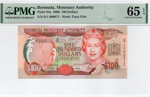 Bermuda, Monetary Authority 100 Dollars 2000 PMG 65, Queen Elizabeth, LOW S/N 71 Cover