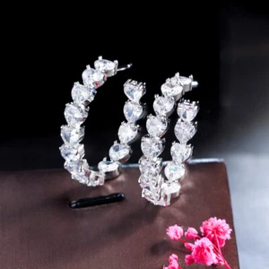 Sparkly Bling Out Love Heart White CZ Yellow Gold Round Hoop Earrings for Women - Picture 1 of 10