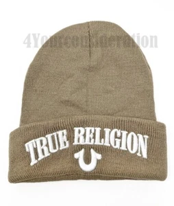 TRUE RELIGION Khaki Knit Beanie Skull Cap W/High Relief Embroidery, Unisex Adult - Picture 1 of 2