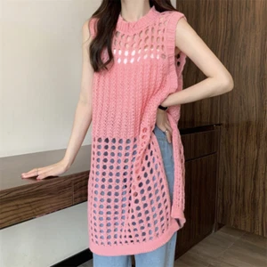 Damen Hohl Out Strick Unterhemd Bedecken Ärmellos Langes Top Strand Dünn Weste - Bild 1 von 20