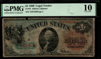 1869 $1 licitación legal sello rojo grande Fr# 18 PMG VG10 V5975859* (DJJ) Foto 1 de 3