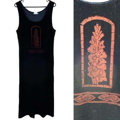 Vestido midi vintage boho negro de terciopelo sin mangas con estampado de bronce gráfico talla 8 Foto 1 de 4