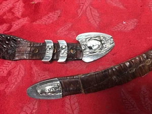 Sterling Silver- White Buffalo Belt Buckle Set on Alligator Neck Skin Belt Sz 40 - Picture 1 of 21