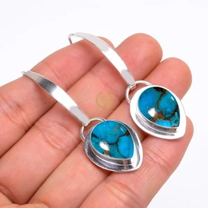 Natural Blue Copper Turquoise Gemstone Drop Dangle Earrings 925 Sterling Silver - Picture 1 of 4