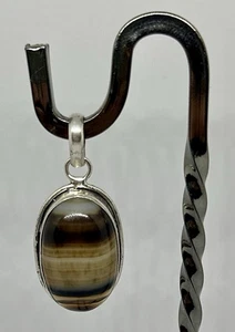 Natural Striped Agate Stone Handmade Silver Tone 2" Pendant - Picture 1 of 4