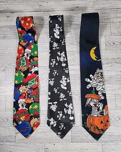 3 Vintage Looney Tunes Neckties Lot Mickey Minnie Halloween Christmas Tie 90s - Picture 1 of 11
