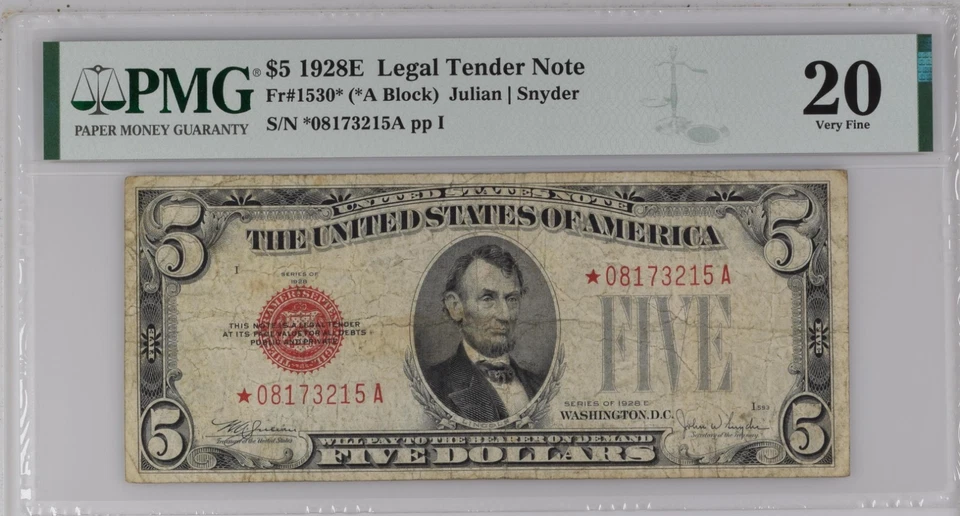 1935 $5 Legal Tender Star Note PMG VF20 Fr-1530* Red Seal - Image 1 of 2