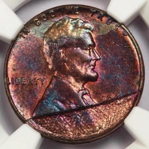 196x NGC MS62 Rainbow Toned Struck Thru Cloth Lincoln Cent Mint Error Eye Appeal - Picture 1 of 4