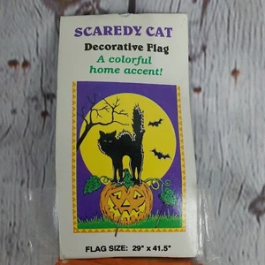 VTG NCE Scaredy Cat Decorative Flag 1995 29x41.5" HALLOWEEN BLACK CAT JACKOLANTE - Picture 1 of 2