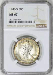 1946-S NGC MS67 Walking Liberty Half Dollar-SUPERB RAINBOW TONED GEM!! RARE!! - Picture 1 of 3