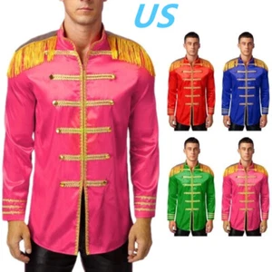 Men's 60s Sergeant Hippie Music Star Costume Military Drummer Satin Jacket - Picture 1 of 57
