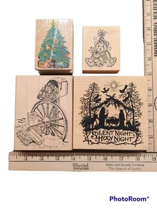 Lot of 4  Wood-Rubber Christmas Stamps. 1990’s Assorted Brands - Picture 1 of 5