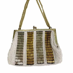 Vtg Silver Gold & White Beaded Clutch Purse Evening Bag Hand Made in Hong Kong - Picture 1 of 11