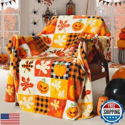 ROMROL Halloween Fleece Throw Blanket, Pumpkin, Leaves Fall Plaid Blanket, So - Image 1 of 4