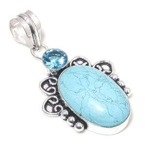 Colgante de plata de ley 925 con topacio azul turquesa granate piedras preciosas joyería 2,0" - Imagen 1 de 3