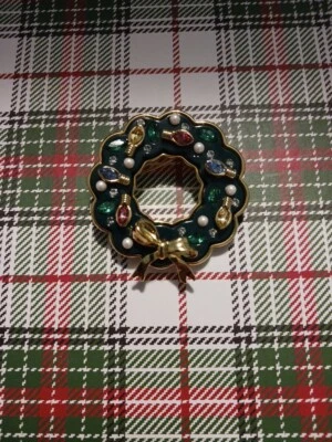 Broche broche corona talbots vacaciones de Navidad esmalte verde luces arco dorado  Foto 1 de 2