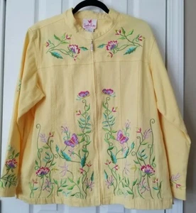 Quacker Factory Yellow Jacket Embroidered Floral Zip Front Pockets Stretch Sz L - Picture 1 of 8