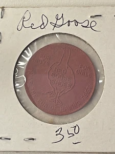 ROTE GANS SCHUHE MÜNZE "50" MARKE rot Vintage Werbung Werbeartikel Kinder - Bild 1 von 3